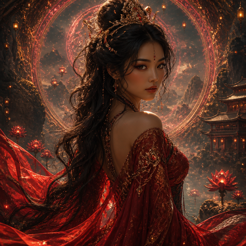 WAsian girl, dark eyebrows, beautiful, wavy long hair, big almond eyes, medium skin tone with yellow and olive undertone, stunning, , wearing a red dress, and is princess,