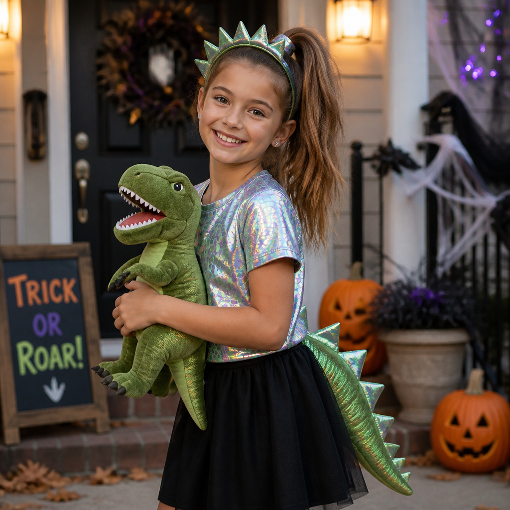 A 9 year old girl with a ponytail a holographic shirt and a normal black skirt in a Halloween costume with her t-rex toy