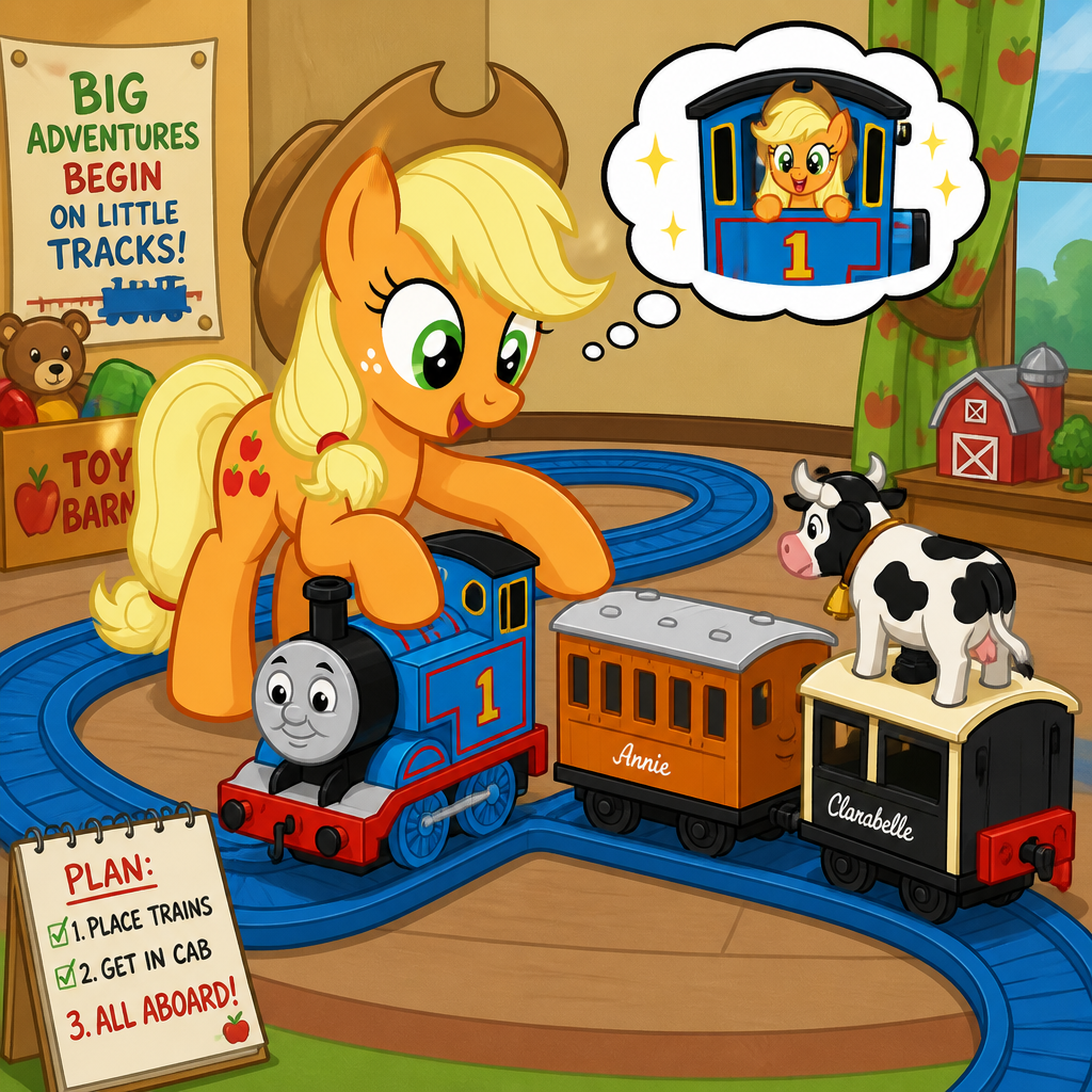 Applejack from My Little Pony is put giant toy, Tomy Thomas with Annie and facing backwards Clarabelle onto giant toy tomy roller coaster tracks so she can fit onto toy tomy Thomas cab to drive