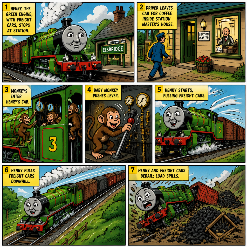 Picture one Henry the number three green tender engine with his freight cars behind him stop at the station picture 2 his driver is out of his cab and went inside the station master house to have coffee picture three the monkeys went inside of Henry’s cab picture four inside of Henry’s cab the baby monkey push the lever picture five Henry starts to go pulling his freight cars picture six Henry was pulling his fright cars down the hill pictures seven Henry and his freight cars derailed off the tracks his load fell onto the ground