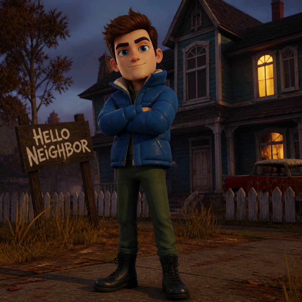 Zance Frookson
in Hello neighbor game the game and he have brown hair and blue eyes and blue winter jacket and green pants and black leather boots