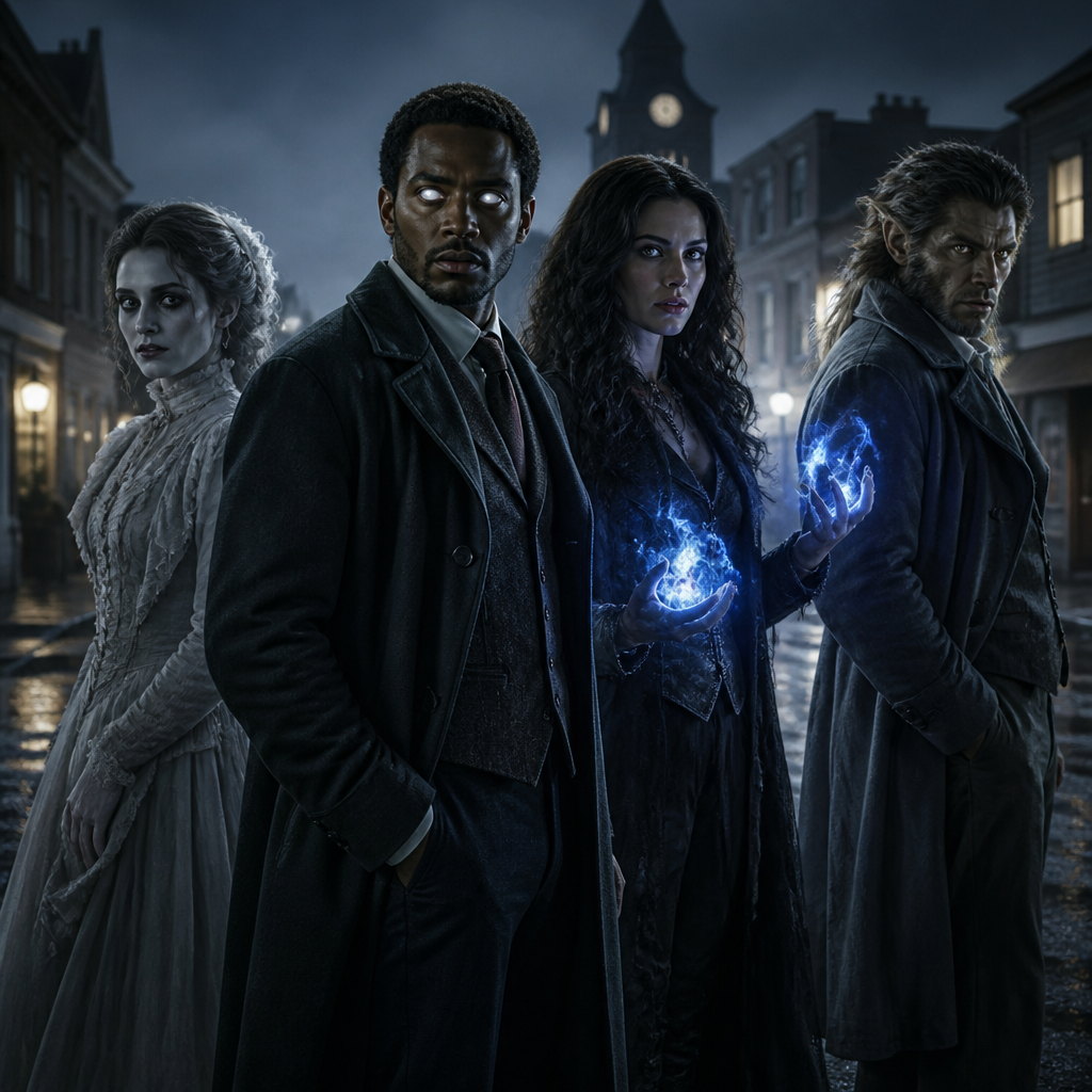 Une equipe a la dead boy détective avec un homme medium les yeyx integralement blanc le teint caramel , une femme sorcière , pouvoir bleu dans les mains magnifique cheveux noir volumineuse ondulé et lisse cheveux long tres dentelle noir goth et 1 fantome femme blond tres classe viectorian et sexy homme loup garou un peu dans une mini ville