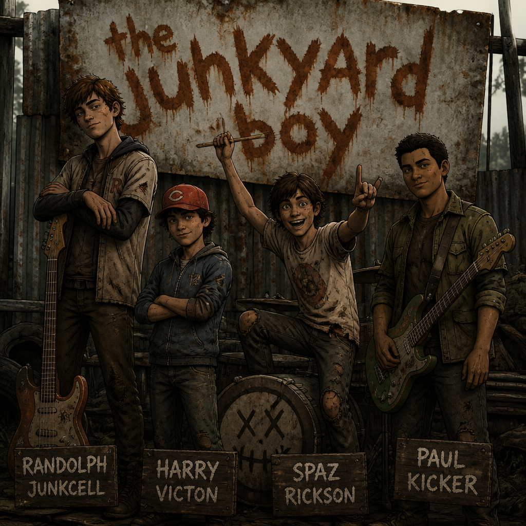 Band name the junkyard boy the walking dead games and 4 members name Randolph junkcell and Harry victon and spaz rickson and Paul kicker at them are teenage