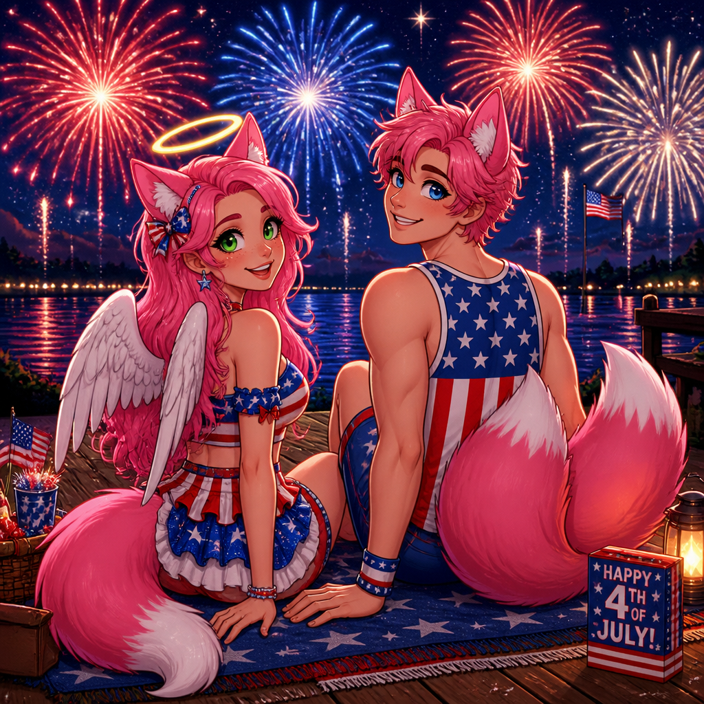 23 year old Girl with green eyes long pink hair pink fox ears pink fox tail, golden halo, angel wings, wearing 4th of July outfit.sitting and watching the fireworks.25 year old Boy with blue eyes, pink fox ears two pink fox tails wearing 4th of July outfit sitting and watching the fireworks