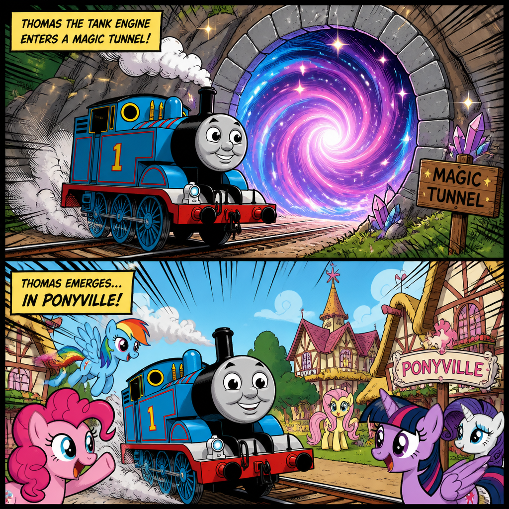 Picture one Thomas the Tank Engine went inside the magic tunnel picture two Thomas the Tank Engine was out of the magic tunnel. He was in Ponyville.