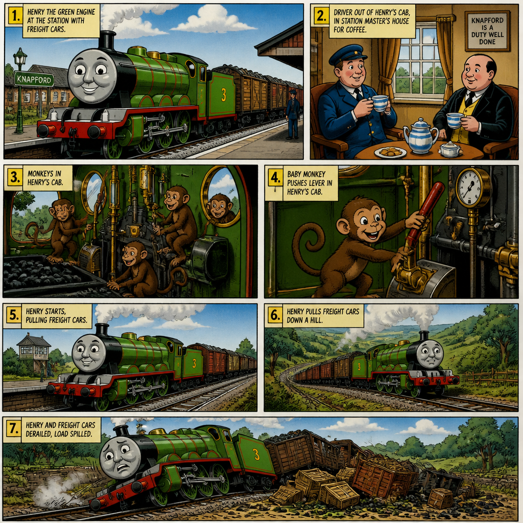 Picture one Henry the green engine with a number three on his tender with his freight cars behind him stop at the station picture 2 his driver is out of his cab and went inside the station master house to have coffee picture three the monkeys went inside of Henry’s cab picture four inside of Henry’s cab the baby monkey push the lever picture five Henry starts to go pulling his freight cars picture six Henry was pulling his fright cars down the hill pictures seven Henry and his freight cars derailed off the tracks his load fell onto the ground Sodor version