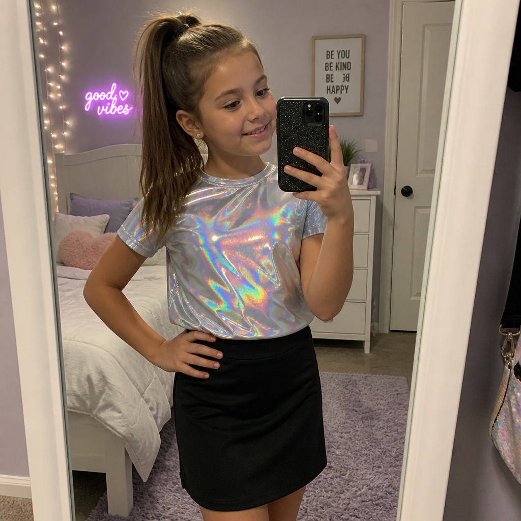 A 9 year old girl with a ponytail a holographic shirt and a normal black skirt in the mirror with her phone