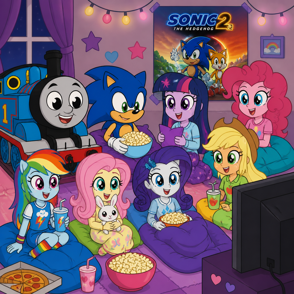 Thomas the Tank Engine and sonic the hedgehog are at the my little pony, Equestria girls slumber party are watching sonic the hedgehog 2 movie on TV