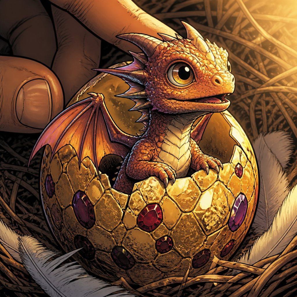 Tiny baby dragon hatching from a cracked jeweled egg in a nest, soft golden glow, wonder and fragility, warm tender close-up