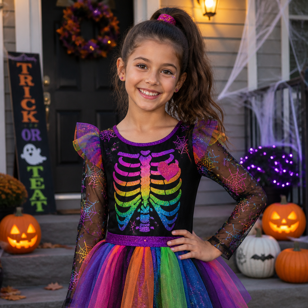A 9 year old girl with a ponytail in a Halloween costume