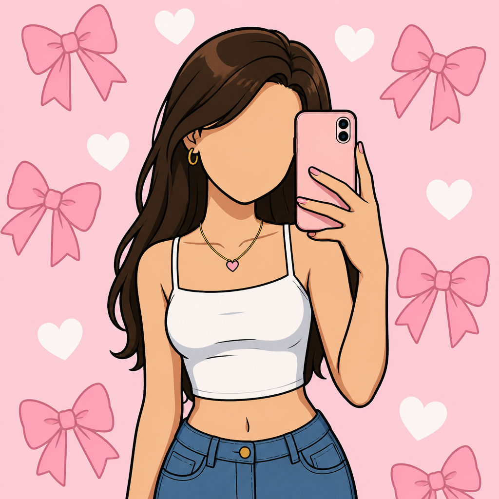 A teenage girl taking a selfie only half of it’s body and wearing a crop top with a blue jean without a face and the background is very light pink color with some pink bows and white hearts without black nails