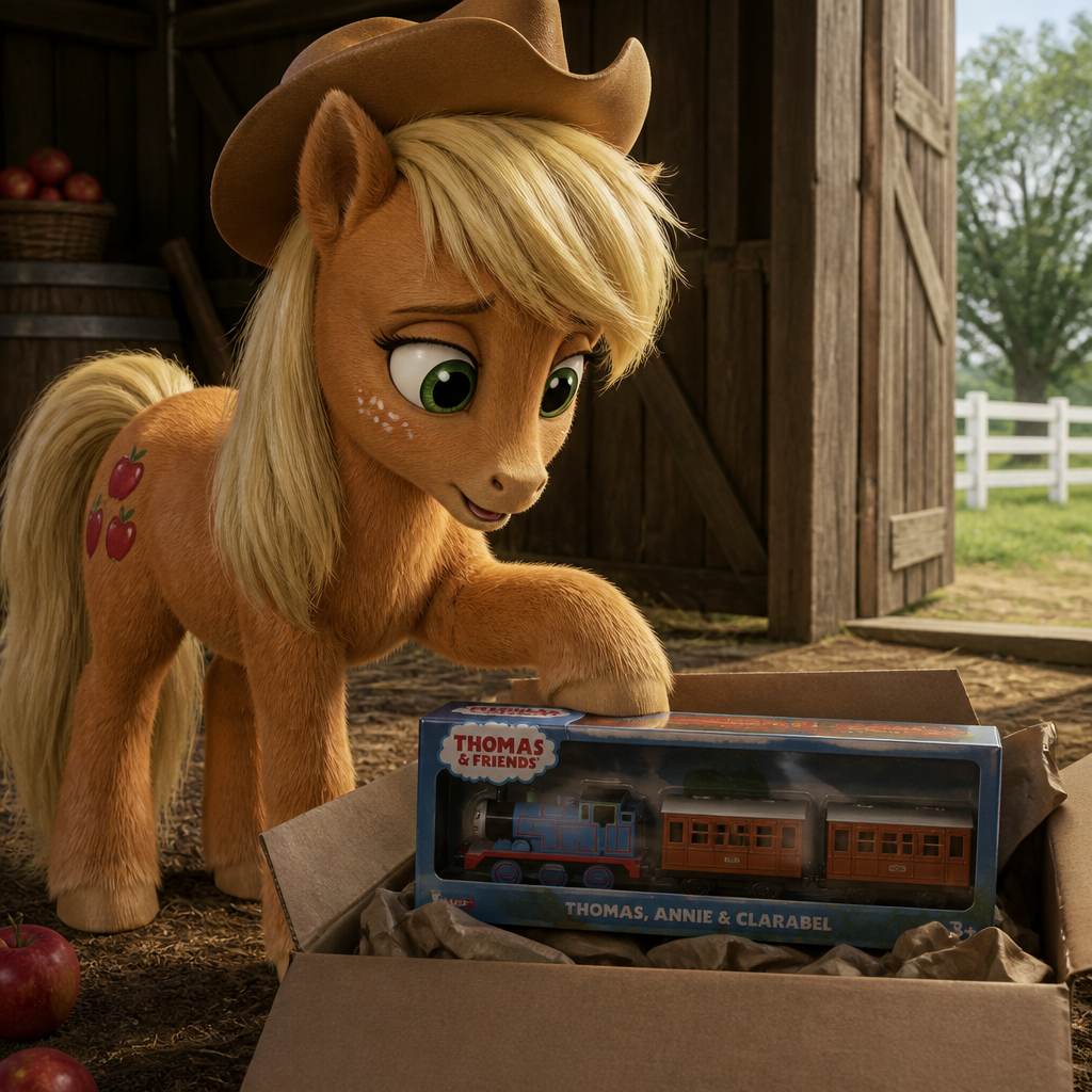 Applejack from My Little Pony is unboxing Thomas the Tank Engine with Annie and Clarabelle toy