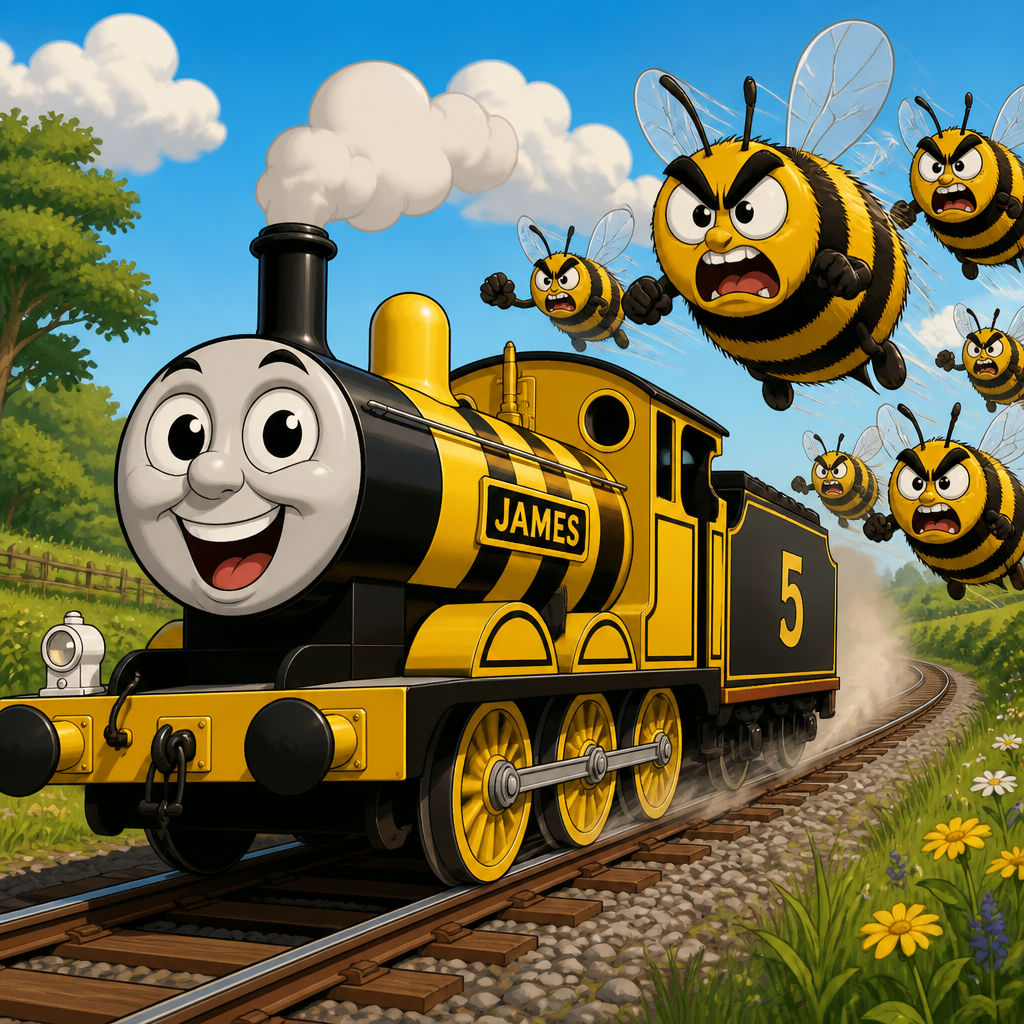 James is painted and yellow and black like a bee on the main line, but he was chased by the Bees