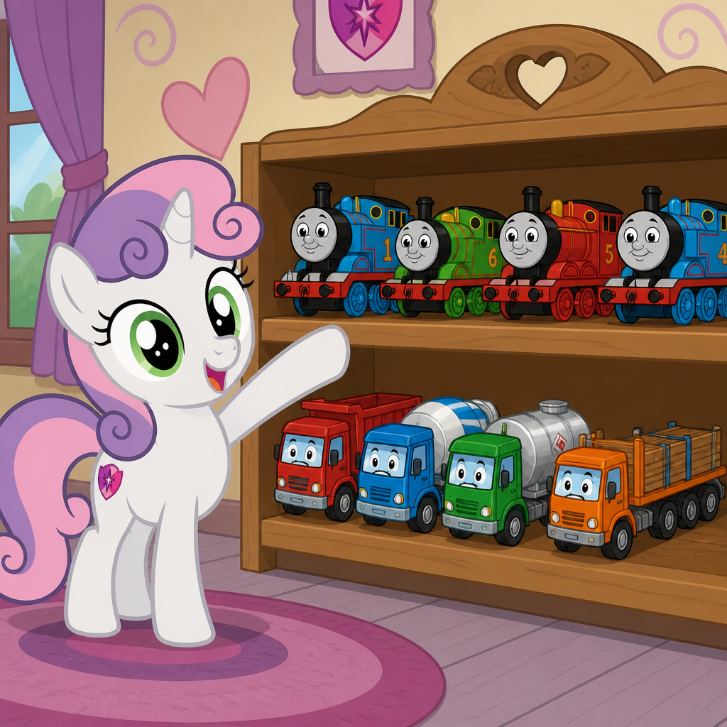 Sweet Belle from My Little Pony hav got all the steam engines, diesel engines, narrow gauge engines, miniature engines Thomas & Friends characters Collection from the islands of Sodor on the first shelf and the trucks, tankers flatbeds coaches and brake vans Thomas & Friends rolling stock from the islands of Sodor characters on the second shelf