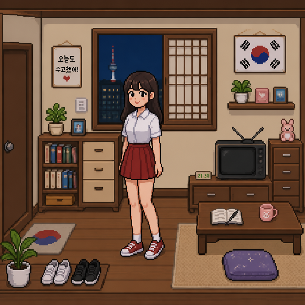 Girl 20 years old wears a Korean girl white shirt, a Korean red skirt and a shoes, in a house in Korea