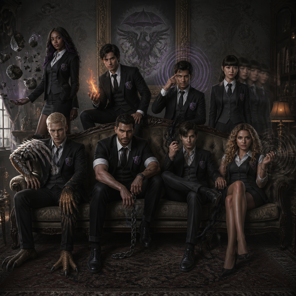 Je veux uen academy à la umbrella academy avec différentes personnes qui sont adultes une sorte d’equipe qui ont le meme uniforme ou du moin les meme couleur de vetement , jupe et pantalon ect , ils ont tous 30 ans d’abbord une femme noir cheveux long noir et violet , elle a le pouvoir de la gravitation blanche, elle. A un cole roulé noir. un homme blanc, cheveux noir, un peu bronzer en mode latino white qui contrôle le feu, un homme indien qui controle les pensées, une femme asiatique qui se multiplie, un homme blanc blond moustache , capable de devenir un aigle blance , ils sont tous elegant et classe, un homme metisse musclé et grand qui a une force surhumaineet un homme avec un air russe qui controle les ombres cheveux noir yeux claire et pas de barbe un peu maigre , une femme avec les cheveux, un peu bouclés avec une frange et elle est blanche un peu latina cheveux bouclés tombant avec des brunes et du le blond, les yeux clairs, mais le temps très bronzé, elle produit des ondes de choc hyper classe, hyper élégante et féminine je veux vraiment un style hyper Umbrella Academy, genre jupe, col, roulé, modèle entrant, mais chacun a son style, je fais un truc élégant, distingué et sombre, pas des matières flashy, comme du caoutchouc et je veux que les couleurs principales détenus soient gris, noir, blanc et u Ils ont tous une sorte de logos emblème à toi de choisir l’emblème, je voudrais bien que ce soit un mélange de deux objets ou d’un animal et d’un objet quelque chose d’élégant avec sur le côté du costume, certains ont un costard et d’autres je veux vraiment quelque chose de sombre, et ils sont tous assis sur un canapé dans le grand salon, certains sont debout et il y a un tableau derrière représentant l’embleme quelque chose de très victorien, la couleur de la famille et le et le vioel , un ambleme unique et prestigieux je veux qu’on voit leur pouvoirs en images comme si ils étaient en train de s’en servir à moitié pour l’ourse fais en sorte que seul une de ses mains se transforme pour l’instant.