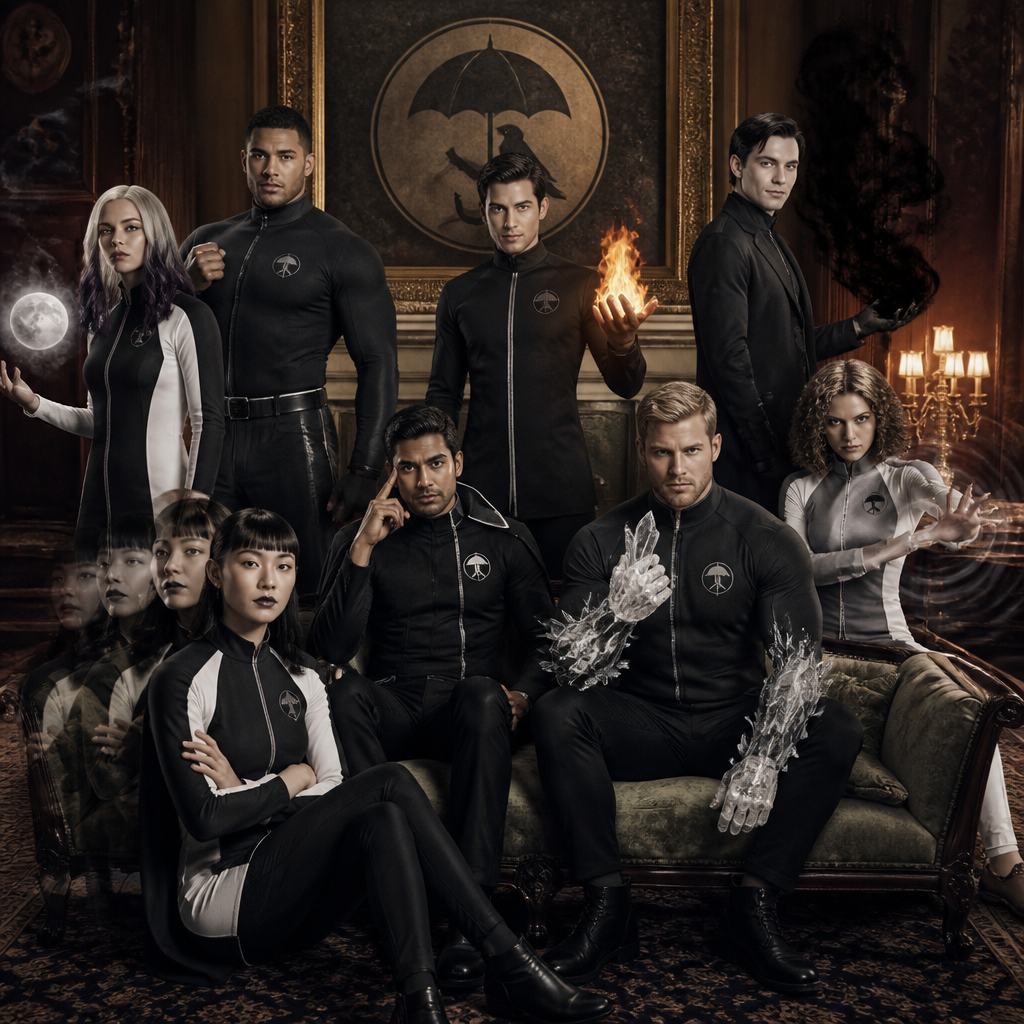 Je veux uen academy à la umbrella academy avec différentes personnes qui sont adultes une sorte d’equipe qui ont le meme uniforme ou du moin les meme couleur de vetement , jupe et pantalon ect , ils ont tous 30 ans d’abbord une femme noir cheveux long noir et violet , elle a le pouvoir de la gravitation blanche, elle. A un cole roulé noir. un homme blanc, cheveux noir, un peu bronzer en mode latino white qui contrôle le feu, un homme indien qui controle les pensées, une femme asiatique qui se multiplie, un homme blanc blond moustache , capable de devenir comme du diamond blance , ils sont tous elegant et classe, un homme metisse musclé et grand qui a une force surhumaineet un homme avec un air russe qui controle les ombres cheveux noir yeux claire et pas de barbe un peu maigre , une femme avec les cheveux, un peu bouclés avec une frange et elle est blanche un peu latina cheveux bouclés tombant avec des brunes et du le blond, les yeux clairs, mais le temps très bronzé, elle produit des ondes de choc hyper classe, hyper élégante et féminine je veux vraiment un style hyper Umbrella Academy, genre jupe, col, roulé, modèle entrant, mais chacun a son style, je fais un truc élégant, distingué et sombre, pas des matières flashy, comme du caoutchouc et je veux que les couleurs principales détenus soient gris, noir, blanc et u Ils ont tous une sorte de logos emblème à toi de choisir l’emblème, je voudrais bien que ce soit un mélange de deux objets ou d’un animal et d’un objet quelque chose d’élégant avec sur le côté du costume, certains ont un costard et d’autres je veux vraiment quelque chose de sombre, et ils sont tous assis sur un canapé dans le grand salon, certains sont debout et il y a un tableau derrière représentant l’embleme quelque chose de très victorien, la couleur de la famille et le et le vioel , un ambleme unique et prestigieux je veux qu’on voit leur pouvoirs en images comme si ils étaient en train de s’en servir à moitié pour l’ourse fais en sorte que seul une de ses mains se transforme pour l’instant. Respect bien la description