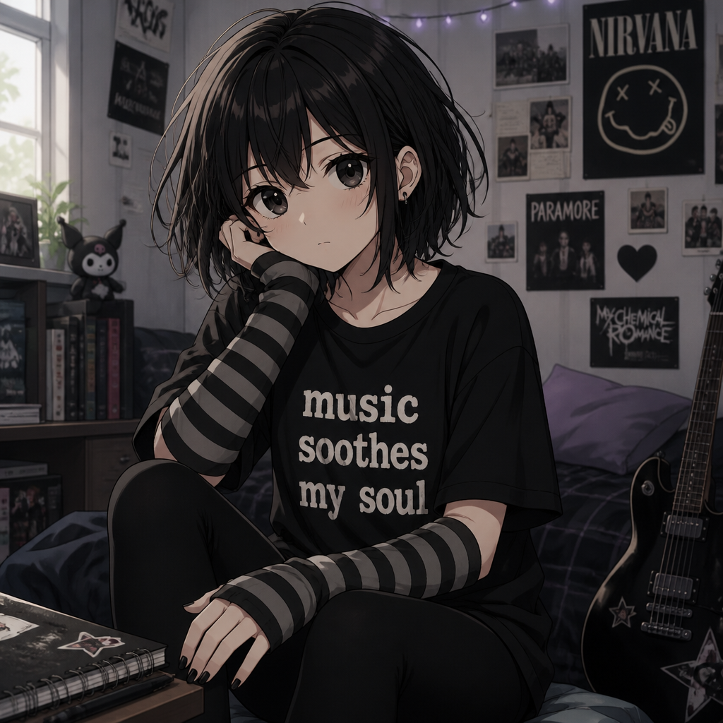 A girl who’s about 13 years old with a little bit messy bob up to the chin wearing a t-shirt that says “music soothes my soul “ and arm warmers that are grey and black striped black leggings and black nail polish