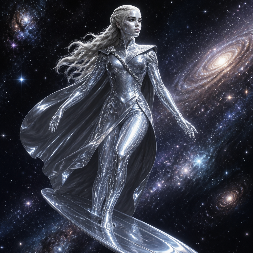 Fais-moi deanaarys Targaryen, à la fin de la saison huit en mode galaxie comme comme si elle brillait genre comme si elle était comme la célèbre photo de silver surfer genre les étoiles derrière et elle est argentée avec plein de reliefs,