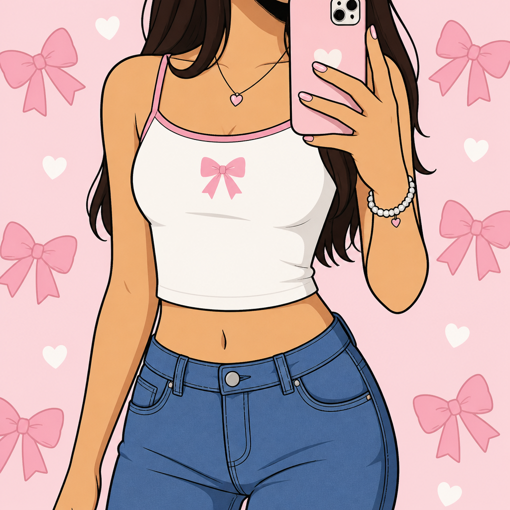 A teenage girl taking a selfie only half of it’s body and wearing a longer crop top with a blue jean without a face and the background is very light pink color with some pink bows and white hearts without black nails