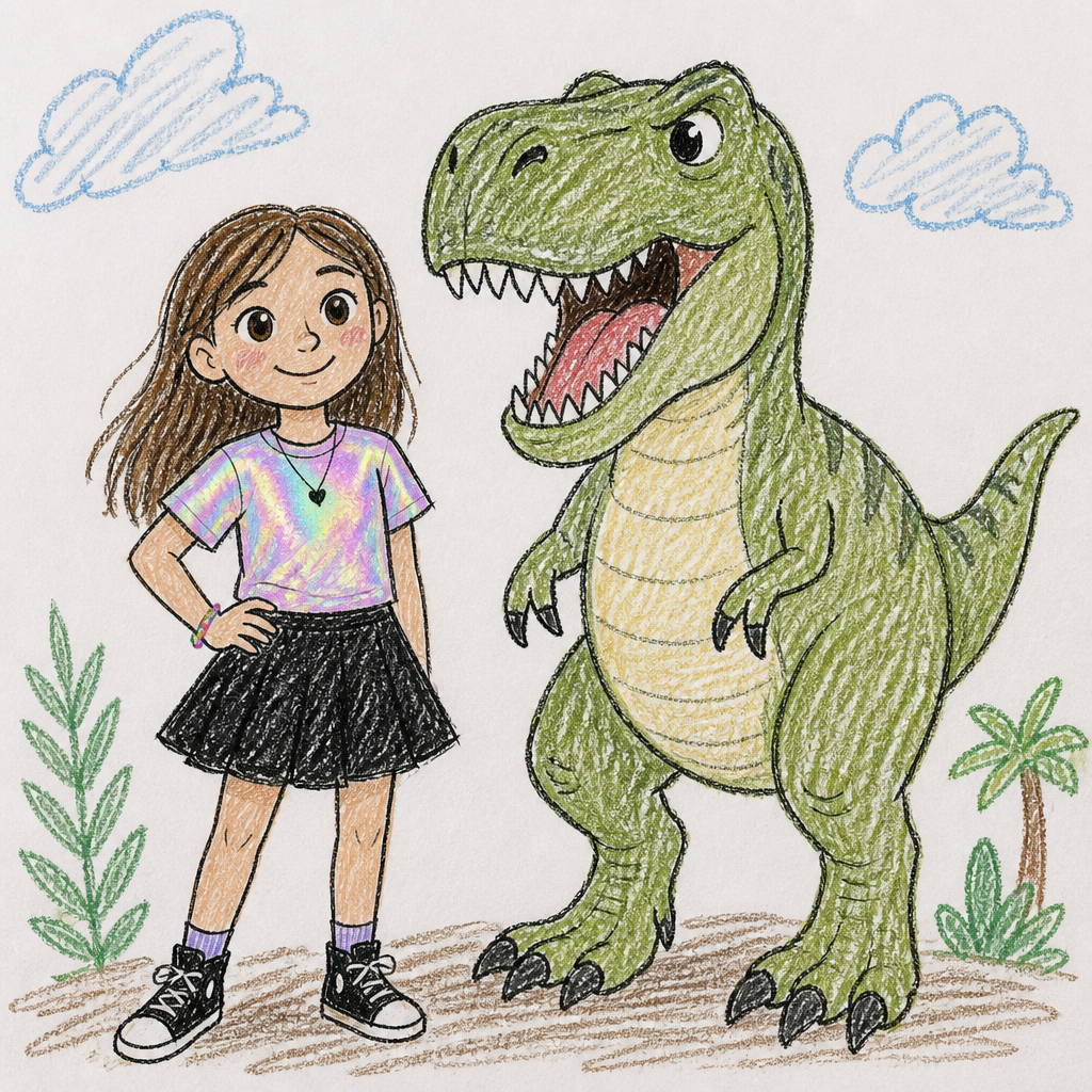 A 9 year old girl with a holographic shirt and a black skirt and a T-Rex
