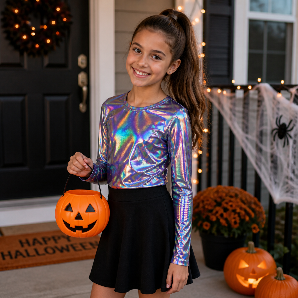 A 9 year old girl with a ponytail a holographic shirt and a normal black skirt dressed in a Halloween costume