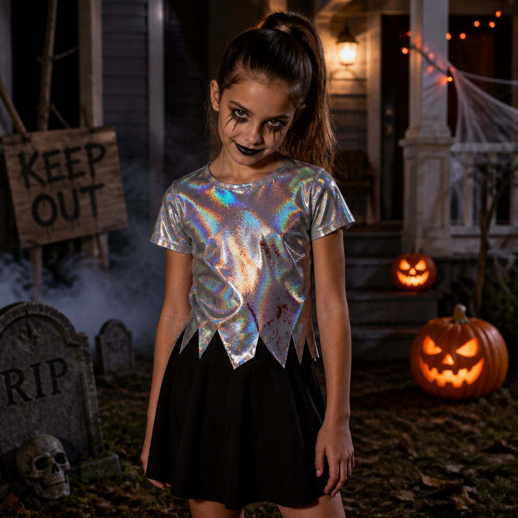 A 9 year old girl with a ponytail a holographic shirt and a normal black skirt dressed in a Halloween costume like something scary