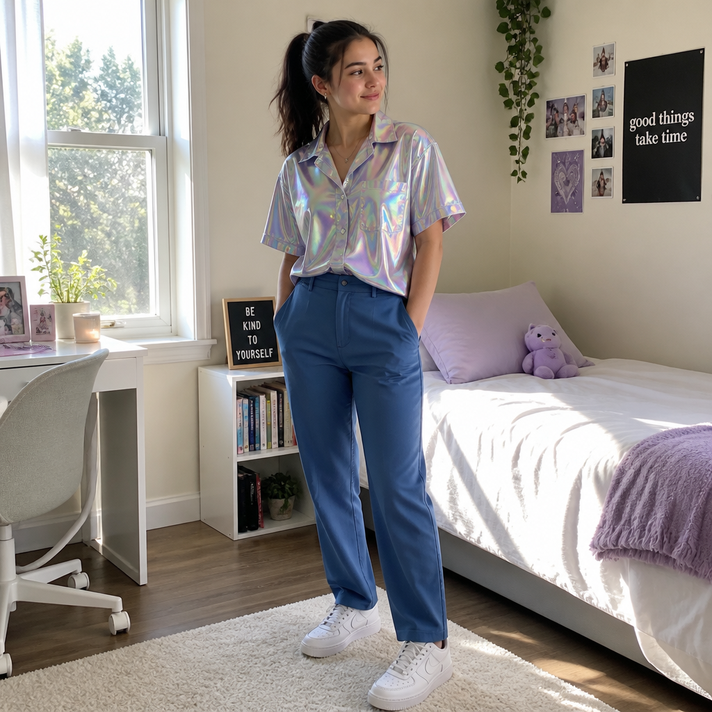 A 20 year old girl with a ponytail a holographic shirt and normal pants and normal shoes in her room