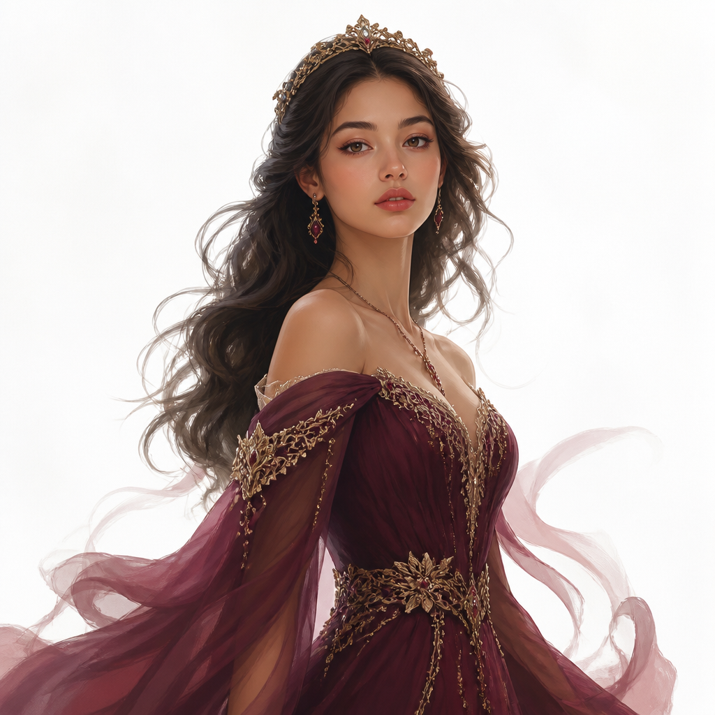 Make a princess who is half white half Asian,maroon dress, medium skin tone with yellow olive undertone, perfectly spaced almond eye featuring a neutral-to-slight upturned orientation and a smooth epicanthic fold that tapers into a delicate double eyelid crease., straight brow dark, dark brown hair likelikedark almost black, very beautiful and pretty, natural pink lips, wavy hair, morebeautiful, white background,