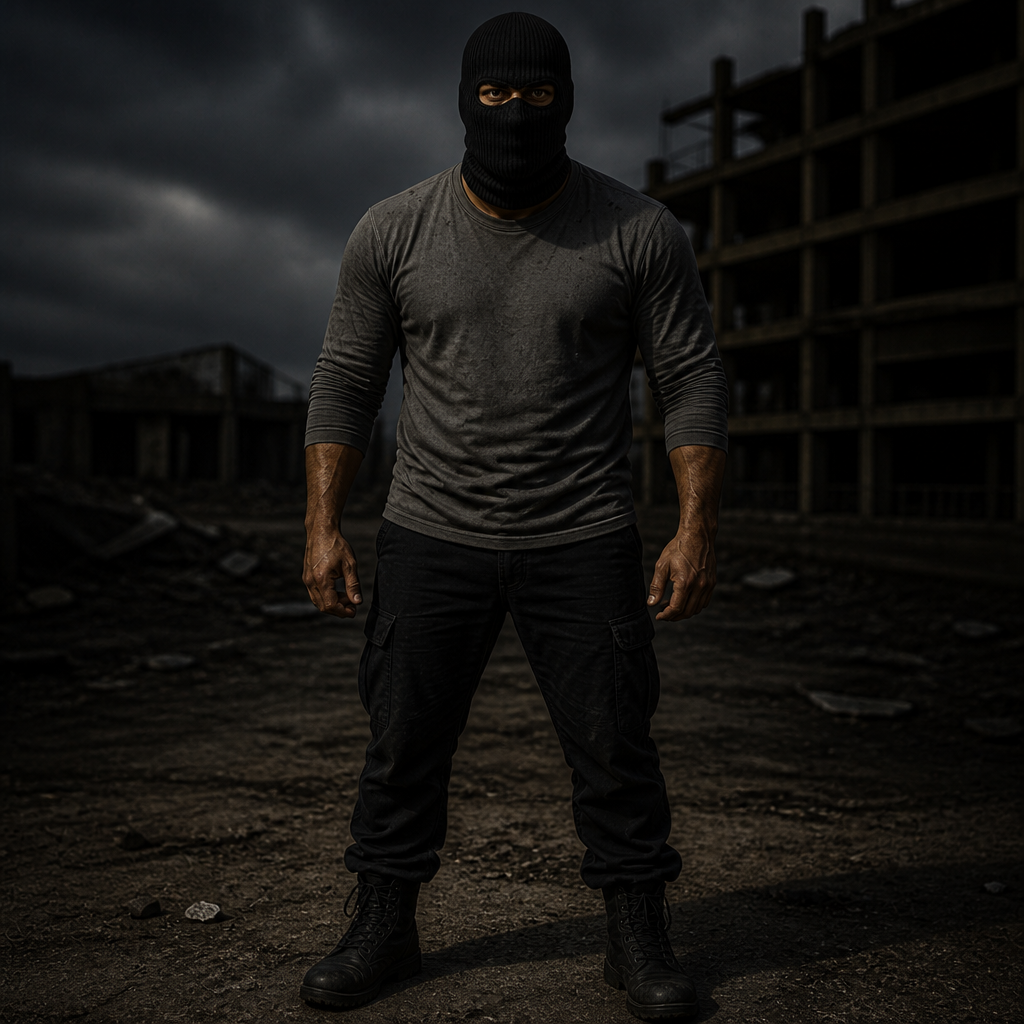 a man in a black mask standing in front of a building