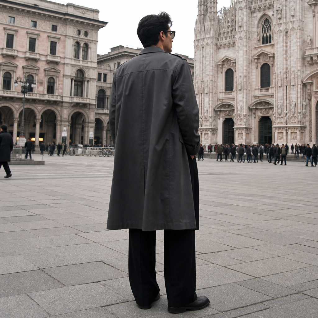 Sans montrer le visage, je veux que tu me mettes une sorte d’homme à peu à peu près 1,85 m, le temps blanc, mais un peu bronzé avec des lunettes noires qui vont vers le translucide, une chemise blanche verte avec un cardigan bordeaux, un long trench gris foncé un pantalon noir un peu éléphants au niveau des jambes des chaussures noire cuir, il porte une sorte de pendentif un peu victorien, mais hyper simple argenté, une montre à cuir noir, argenté, des bagues argentées et se tient. Je sais pas sur une place. il a les cheveux vraiment noirs un peu fluide, mais bien coiffé genre une coupe qui part à la gauche et à la droite aussi assez court. les verres des lunettes sont noirs vers le translucide aussi.