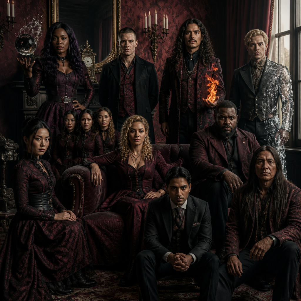 Je veux une équipe a la umbrella academy et couleur magenta bordeau noir dans un salon victorian certain sont debout et d’autres assis
1
Femme noir, cheveux lisses legerement ondulés noir violet
Control de la gravité et des liquides
2
Homme blanc russe, cheveux noir rasé à blanc, métamorphiques
3
Homme tan latino, cheveux noir long bouc moustache controle le magma
4
Homme blond, yeux clairs blond il devient invisible et son corp se transforme en cristal
5
Femme asiatique, élégante qui parvient à se multiplier
6
Femme latina blond cheveux bouclés frange, provoque des ondes
7
Homme noir grand fort et metisse, capable de deplacer une montagne
8
Homme indien cheveux noir court , lis dans les pensées et controle mental et illusion
9
Un homme amerindien
Lit dans les objets voit l’avenir.