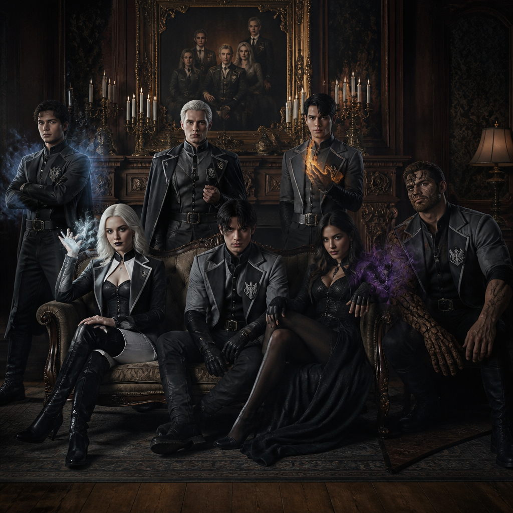 Je veux uen academy à la umbrella academy avec différentes personnes qui sont adultes une sorte d’equipe qui ont le meme uniforme ou du moin les meme couleur de vetement , jupe et pantalon ect , ils ont tous 30 ans d’abbord une femme noir cheveux long violet , elle a le pouvoir de la gravitation blanche, un homme blanc, cheveux noir, un peu bronzer en mode latino white qui contrôle le feu, un homme indien qui controle les pensées, une femme asiatique qui se multiplie, un homme blanc blond moustache , capable de devenir un aigle blance , ils sont tous elegant et classe, un homme metisse musclé et grand qui a une force surhumaineet un homme avec un air russe qui controle les ombres cheveux noir yeux claire et pas de barbe un peu maigre , une femme avec les cheveux, un peu bouclés, une frange et elle est blanche avec des brunes vers le blond, les yeux clairs, mais le temps très bronzé, elle produit des obdes de choc hyper classe, hyper élégante et féminine je veux vraiment un style hyper Umbrella Academy, genre jupe, col, roulé, modèle entrant, mais chacun a son style, je fais un truc élégant, distingué et sombre, pas des matières flashy, comme du caoutchouc et je veux que les couleurs principales détenus soient gris, noir, blanc et u Ils ont tous une sorte de logos emblème à toi de choisir l’emblème, je voudrais bien que ce soit un mélange de deux objets ou d’un animal et d’un objet quelque chose d’élégant avec sur le côté du costume, certains ont un costard et d’autres je veux vraiment quelque chose de sombre, et ils sont tous assis sur un canapé dans le grand salon, certains sont debout et il y a un tableau derrière représentant l’embleme quelque chose de très victorien, la couleur de la famille et le et le vioel , un ambleme unique et prestigieux je veux qu’on voit leur pouvoirs en images comme si ils étaient en train de s’en servir à moitié pour l’ourse fais en sorte que seul une de ses mains se transforme pour l’instant.