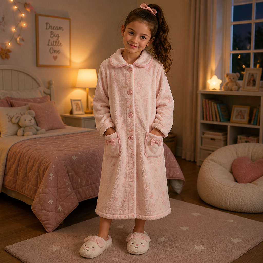 A 9 year old girl with a ponytail dressed in her night coat dress