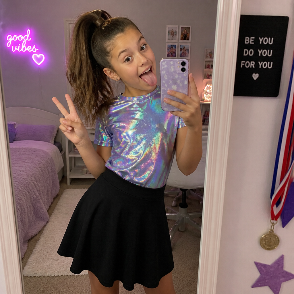 A 9 year old girl with a ponytail a holographic shirt and a normal black skirt being funny in her room mirror