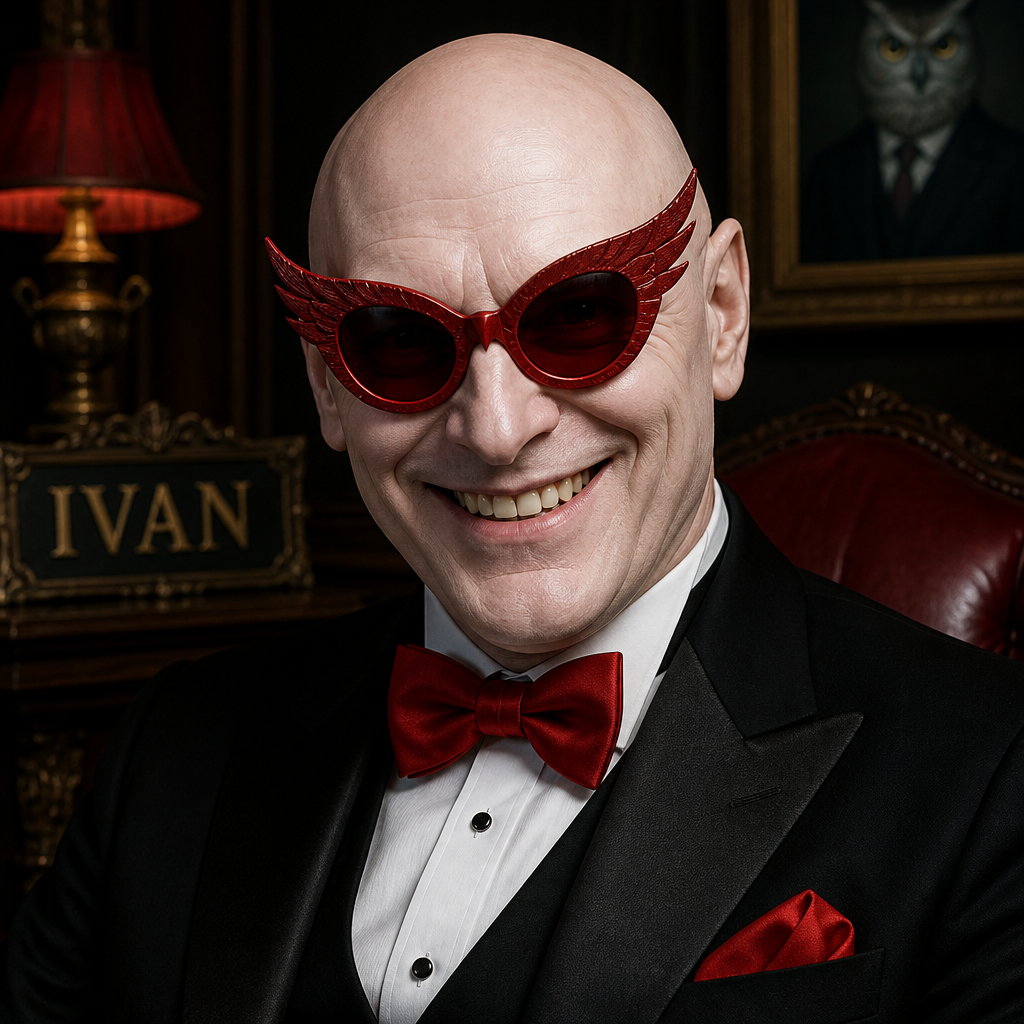 Ivan in the walking dead games he is have no hair and pale skin and red owl sunglasses and grin and bowtie and black tuxedo