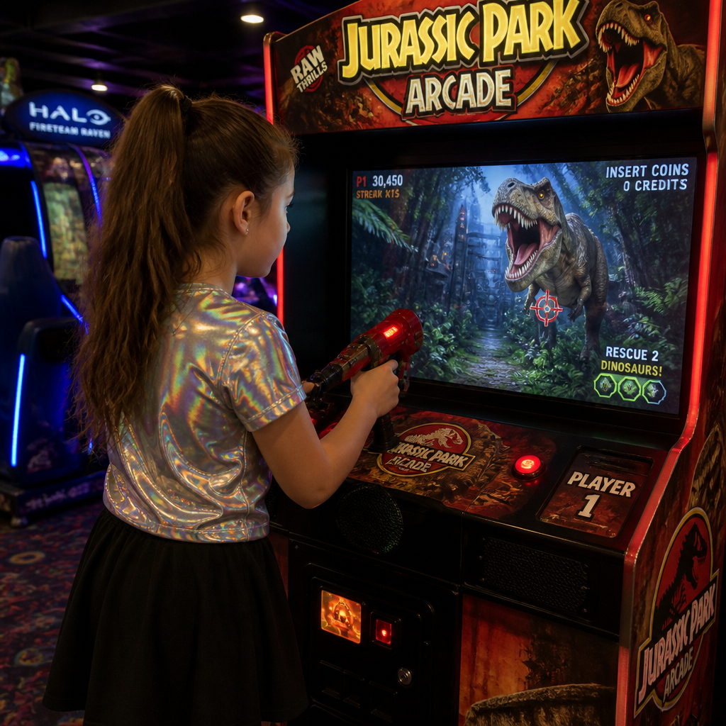 A 9 year old girl with a ponytail a holographic shirt and a normal black skirt playing in the Jurassic Park Arcade 2015 machine