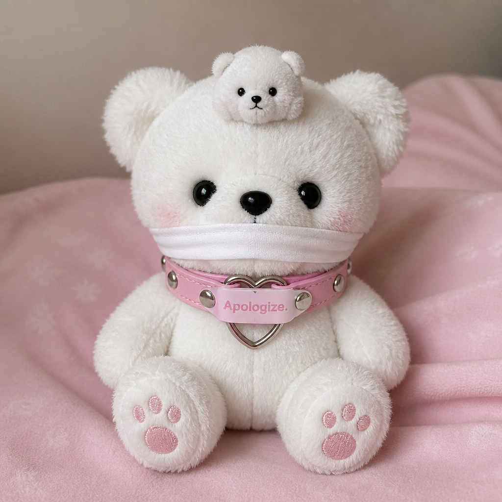 Fais-moi un petit doudou blanc, Teddy bear la bouche bâillonné avec un petit collier rose de chien, rose, pastel dessus y a écrit. Excuse-toi. Sur son front.