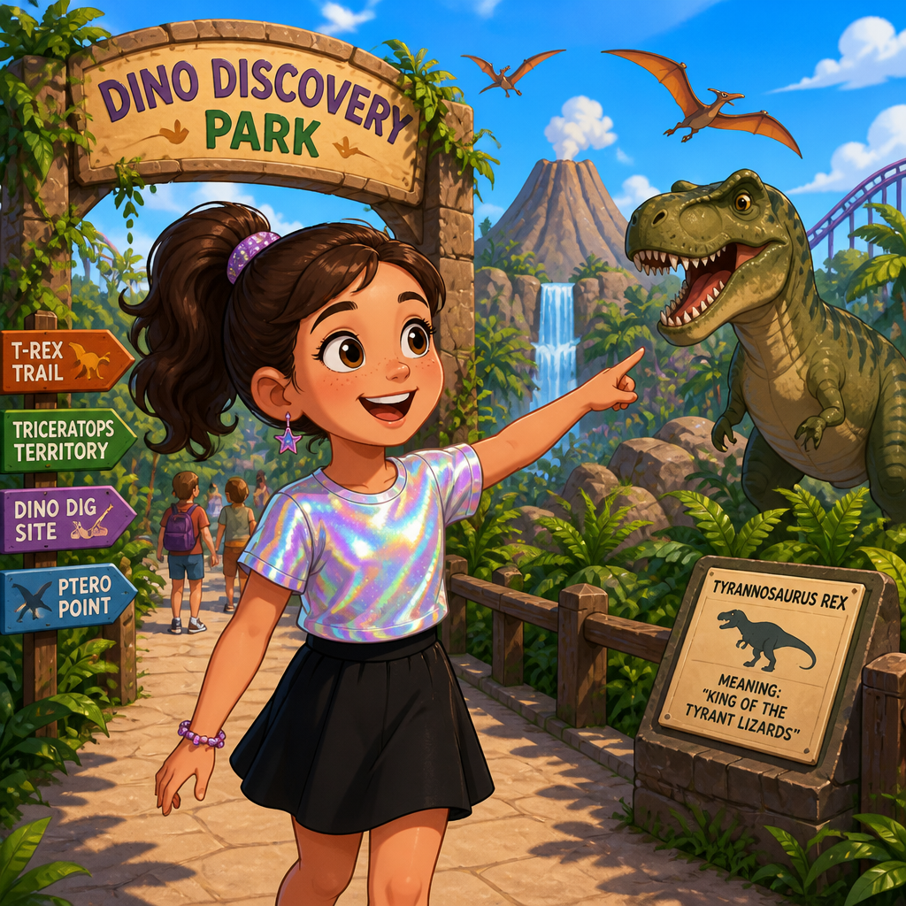 A 9 year old girl with a ponytail a holographic shirt and a normal black skirt in a dinosaur park