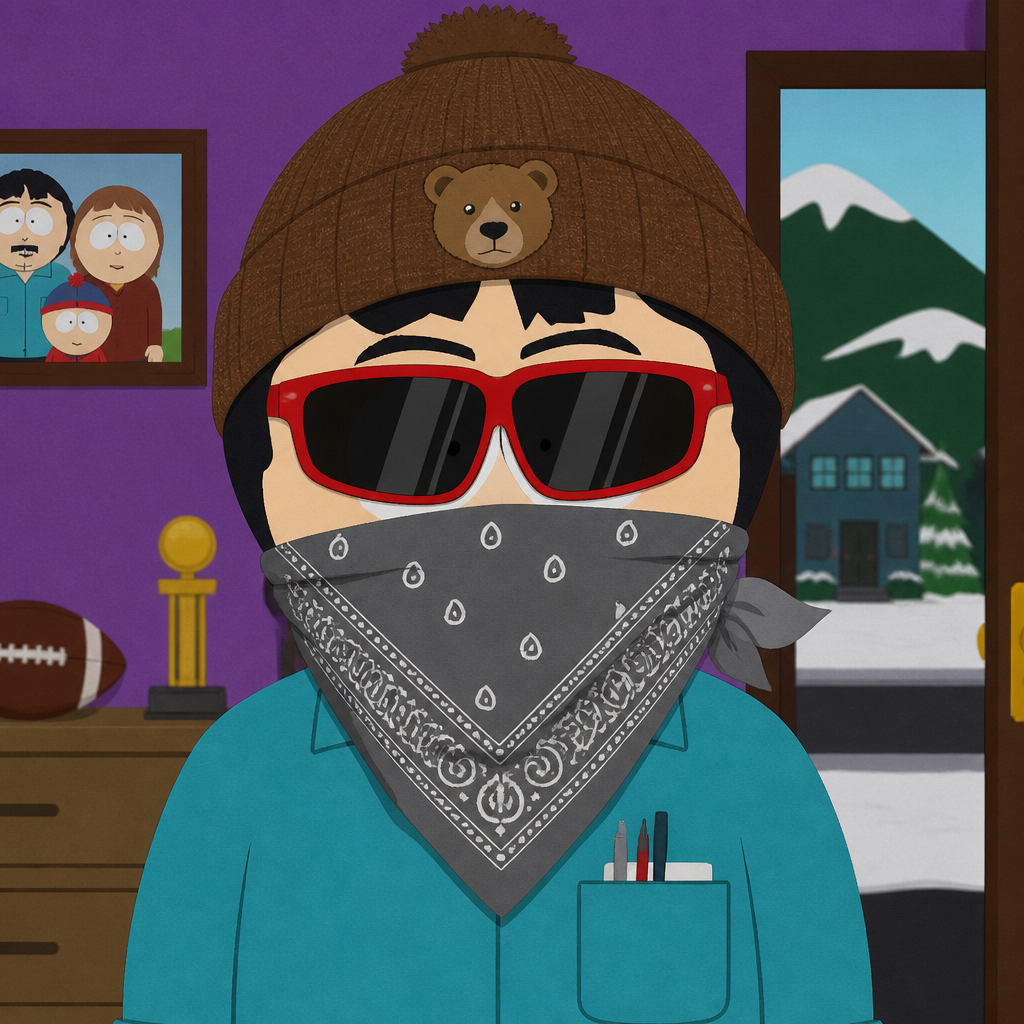 Randy in the walking dead games he have brown beanie with bear and red sunglasses and gray bandana on mouth