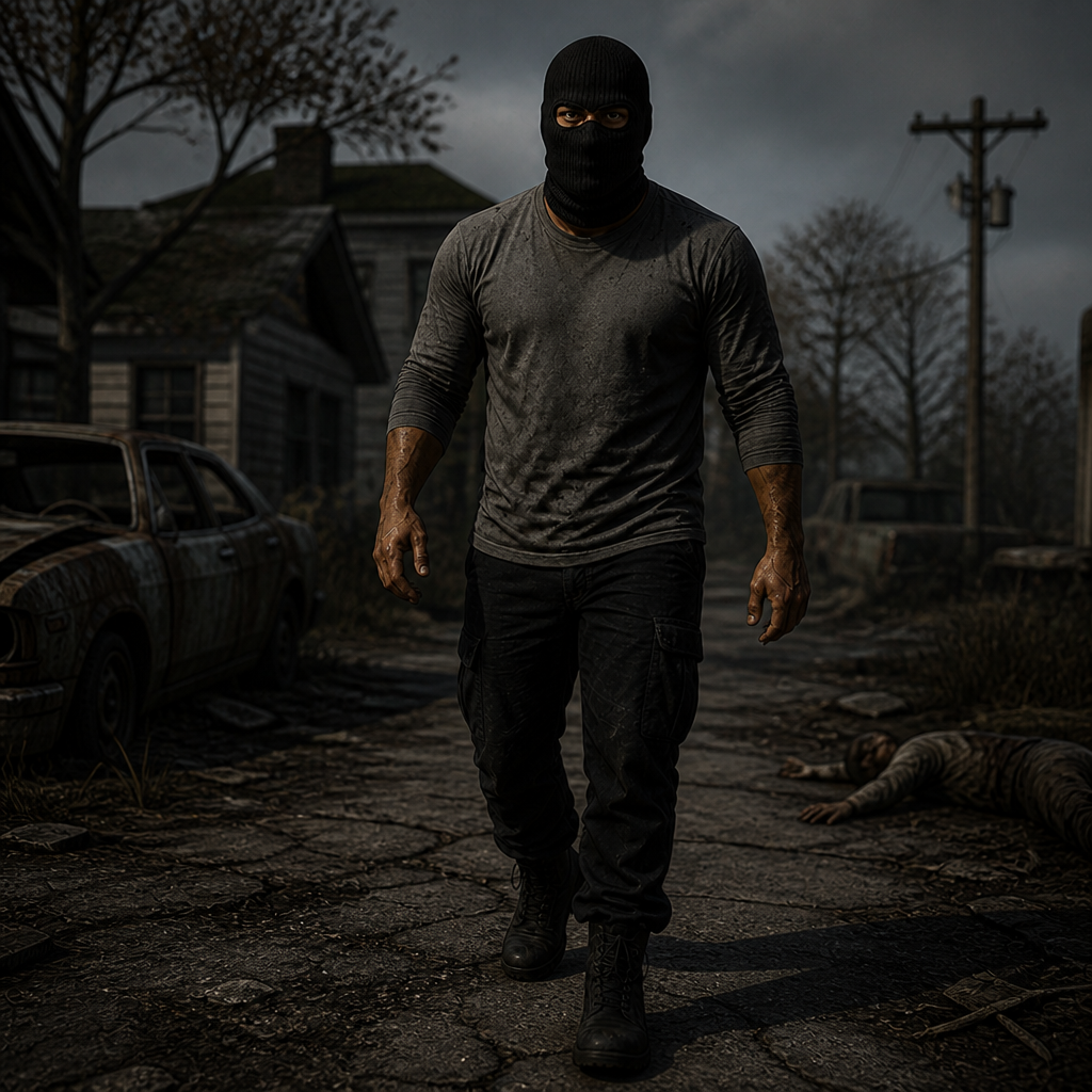 a man in a black mask walking down a street