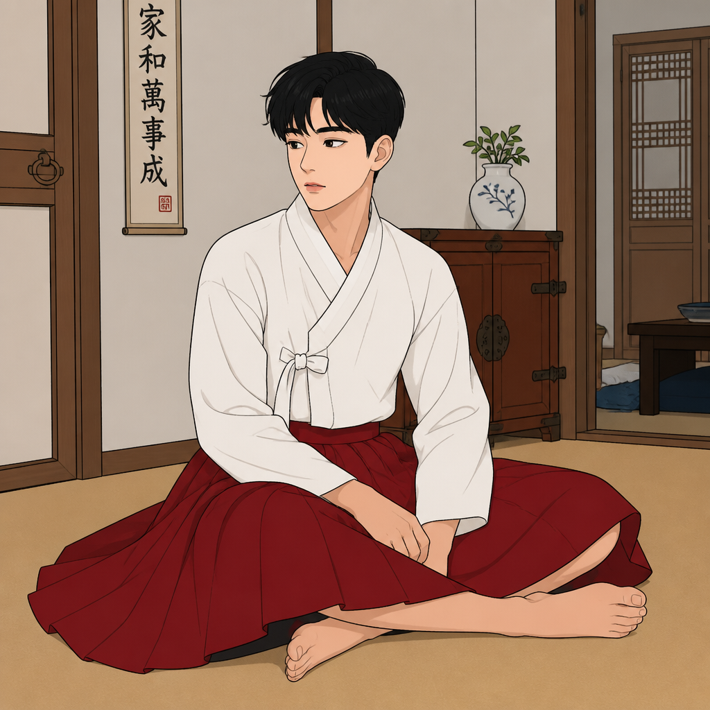 Boy 20 years old wears Japanese white shirt and a Japanese long pleats red skirt and wears shoes girl only sitting on floor in the house in Korea
