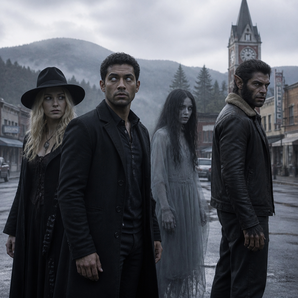 Une equipe a la dead boy détective avec un homme medium les yeyx integralement blanc le teint caramel , une femme sorcière magnifique et blonde et 1 fantome femme et sexy homme loup garou un peu dans une mini ville