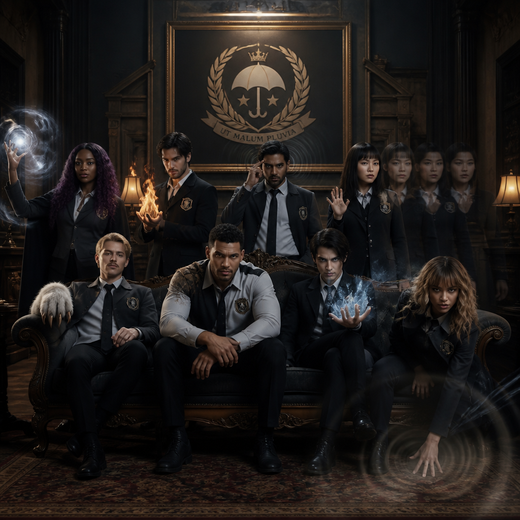 Je veux uen academy à la umbrella academy avec différentes personnes qui sont adultes une sorte d’equipe qui ont le meme uniforme ou du moin les meme couleur de vetement , jupe et pantalon ect , ils ont tous 30 ans d’abbord une femme noir cheveux long violet , elle a le pouvoir de la gravitation blanche, un homme blanc, cheveux noir, un peu bronzer en mode latino white qui contrôle le feu, un homme indien qui controle les pensées, une femme asiatique qui se multiplie, un homme blanc blond moustache , capable de devenir un ourse blanc , ils sont tous elegant et classe, un homme metisse musclé et grand qui a une force surhumaineet un homme avec un air russe qui controle la glace cheveux noir yeux claire et pas de barbe un peu maigre , une femme avec les cheveux, un peu bouclés, une frange et elle est blanche avec des brunes vers le blond, les yeux clairs, mais le temps très bronzé, elle produit des obdes de choc hyper classe, hyper élégante et féminine je veux vraiment un style hyper Umbrella Academy, genre jupe, col, roulé, modèle entrant, mais chacun a son style, je fais un truc élégant, distingué et sombre, pas des matières flashy, comme du caoutchouc et je veux que les couleurs principales détenus soient gris, noir, blanc et u Ils ont tous une sorte de logos emblème à toi de choisir l’emblème, je voudrais bien que ce soit un mélange de deux objets ou d’un animal et d’un objet quelque chose d’élégant avec sur le côté du costume, certains ont un costard et d’autres je veux vraiment quelque chose de sombre, et ils sont tous assis sur un canapé dans le grand salon, certains sont debout et il y a un tableau derrière représentant l’embleme quelque chose de très victorien, la couleur de la famille et le et le vioel , un ambleme unique et prestigieux je veux qu’on voit leur pouvoirs en images comme si ils étaient en train de s’en servir à moitié pour l’ourse fais en sorte que seul une de ses mains se transforme pour l’instant.
