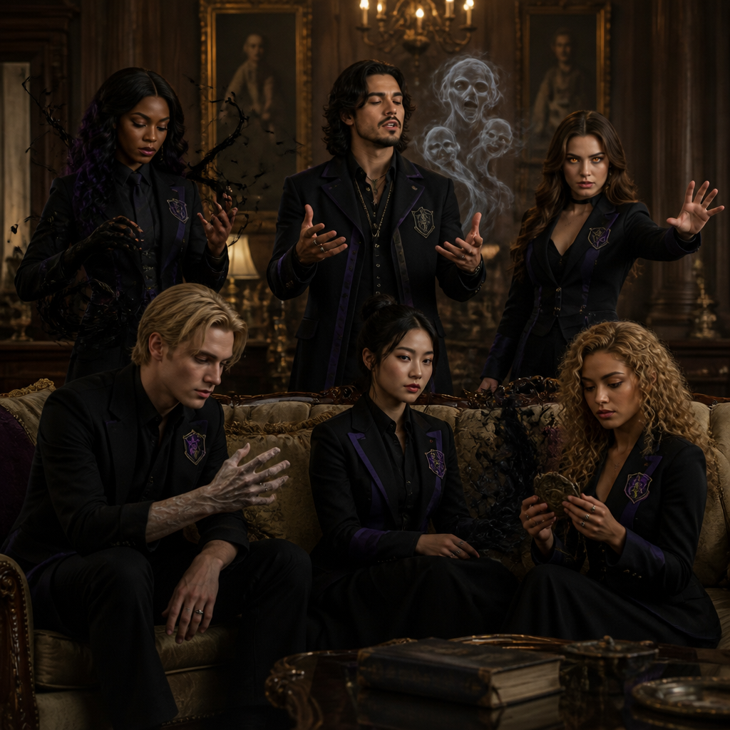 Je veux que tu me fasses une équipe à la Umbrella Academy, genre ils ont tous une sorte d’uniforme, mais chacun a son style avec certains roulés d’autres des jupes, d’autres un truc gothique etc. alors voici les personnages suivants ils sont dans une sorte de manoir. Certains sont assis sur un canapé et d’autres sont debout. Ils ont tous 30 ans. Je veux une mini démonstration de leur pouvoir.
1
Femme noir, cheveux lisses legerement ondulés noir violet
Control des liquides comme de l’encre, du pétrole
3
Latino, cheveux mi longs mi court avec bouc , il parle et invoque les morts
3 Astride
Fille brune blanche, yeux orange contrôle les gens avec son champs
4
Homme blond, yeux clairs blond il a le pouvoir métamorphique, genre je veux que tu transformes sa main en quelque chose, comme si il allait se transformer en une autre personne
5
Femme asiatique, élégante qui parvient à invoquer les ombres
6
Femme latina teint caramel blond cheveux bouclés frange yeux gris clairs, Lit dans les objets et les gens, voit l’avenir.
La trentaine