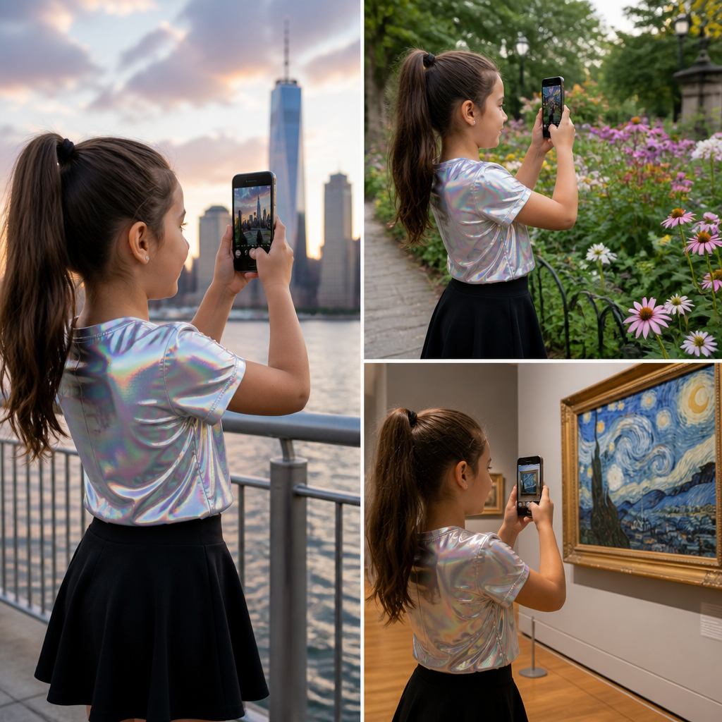 A 9 year old girl with a ponytail with a holographic shirt and a normal black skirt taking photos with her phone in places