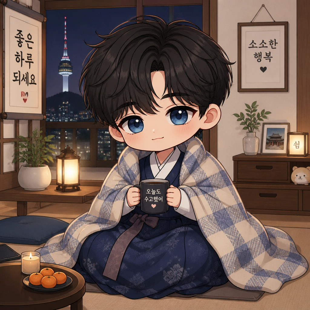 Boy 20 years old wears a blanket (outside body) and Korean skirt (inside body) only in the house in Korea