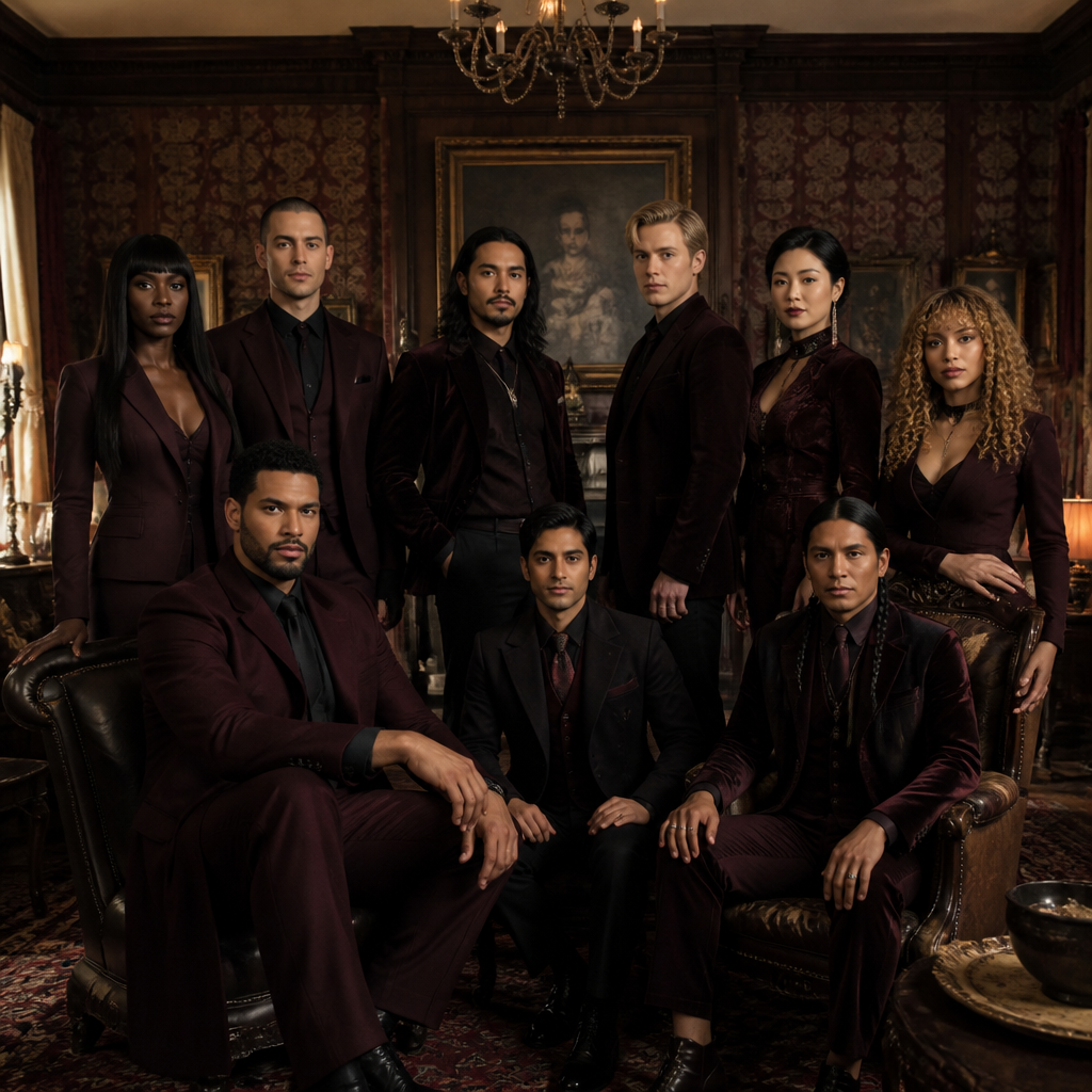Je veux une équipe a la umbrella academy et couleur des tenue bordeau noir dans un salon victorian mais ca se passe au 21 eme siecle certain sont debout et d’autres assis , ils ont tous 30 ans et sont a notre epoque
1
Femme noir, cheveux lisses legerement ondulés noir violet
Control de la gravité et des liquides
2
Homme blanc russe, cheveux noir rasé à blanc, métamorphiques
3
Homme tan latino, cheveux noir long bouc moustache controle le magma
4
Homme blond, yeux clairs blond il devient invisible et son corp se transforme en cristal
5
Femme asiatique, élégante qui parvient à se multiplier
6
Femme latina blond cheveux bouclés frange, provoque des ondes
7
Homme noir grand fort et metisse, capable de deplacer une montagne
8
Homme indien cheveux noir court , lis dans les pensées et controle mental et illusion
9
Un homme amerindien
Lit dans les objets voit l’avenir.