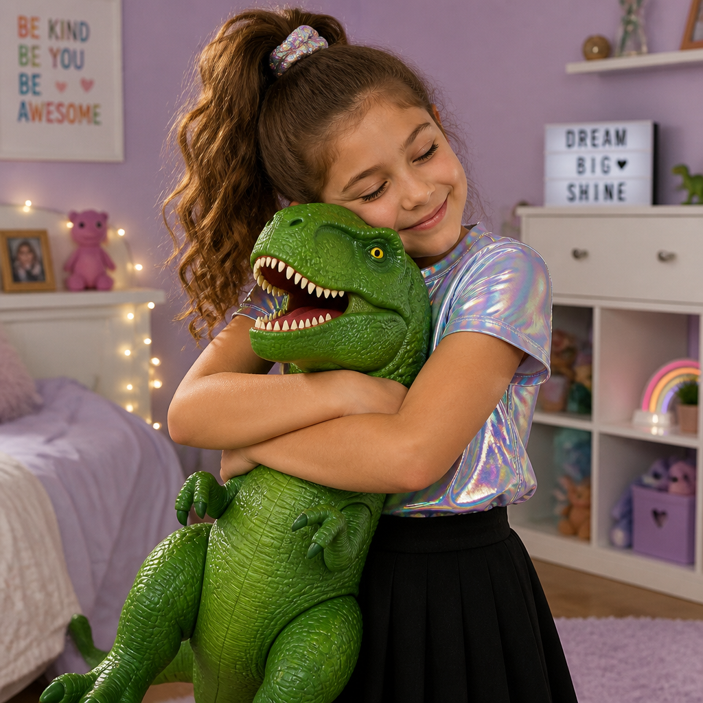 A 9 year old girl with a ponytail a holographic shirt and a normal black skirt loving her t-rex toy