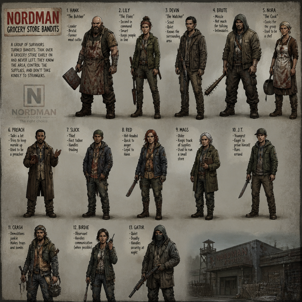 Nordman grocery store bandits in the walking dead games and have 13 members